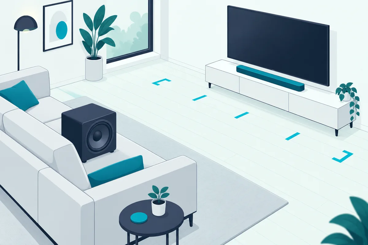 Subwoofer placed on the sofa seat with tape marks on the floor, the subwoofer crawl for finding the best spot