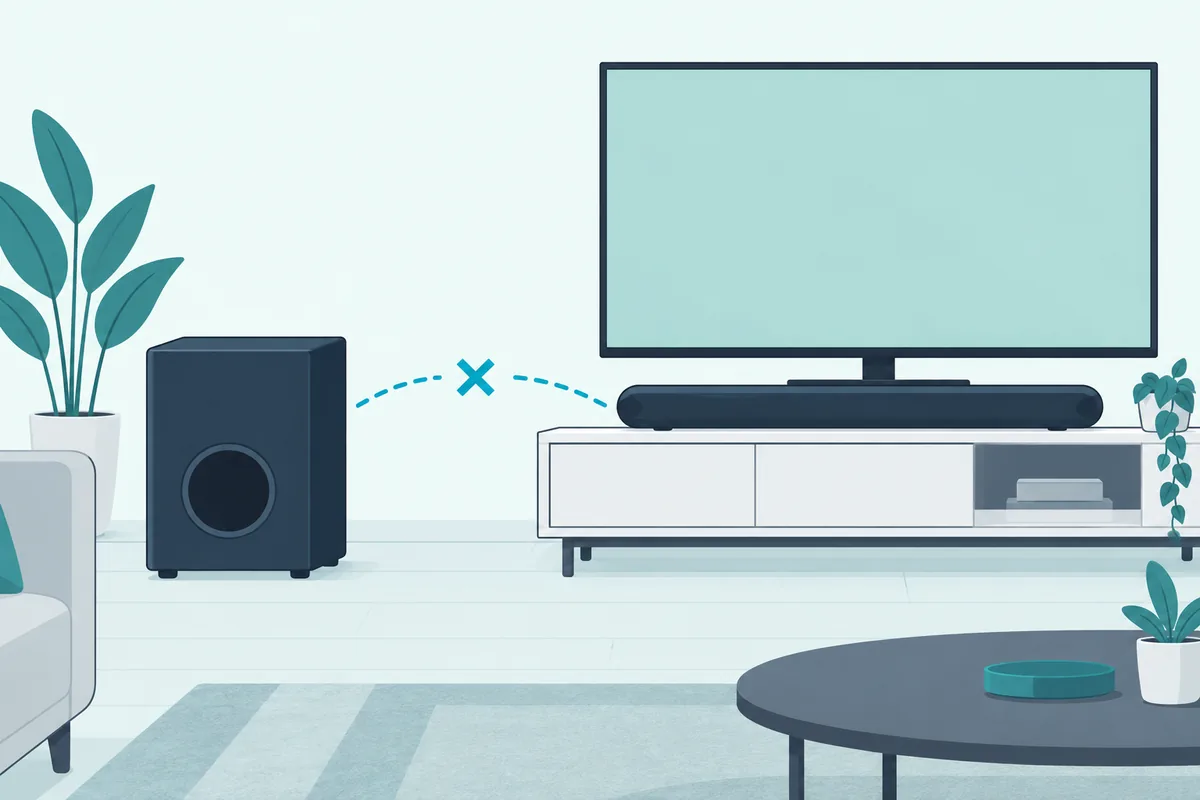 Subwoofer next to a soundbar of another brand, with a broken wireless link between them