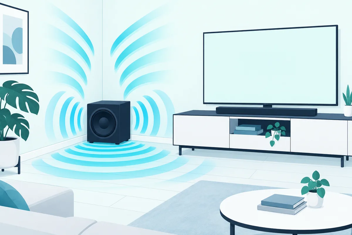 Subwoofer in a front corner with bass waves reflecting off both walls, which boosts its output