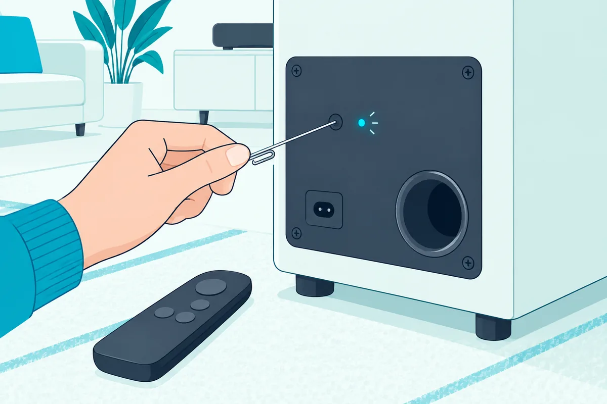 Paper clip pressing the recessed ID SET button on the back of a wireless subwoofer to pair it by hand