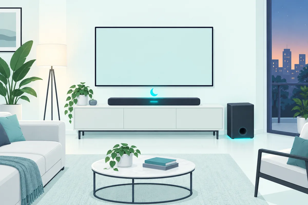 Subwoofer beside the TV console with a night-mode moon icon above the soundbar