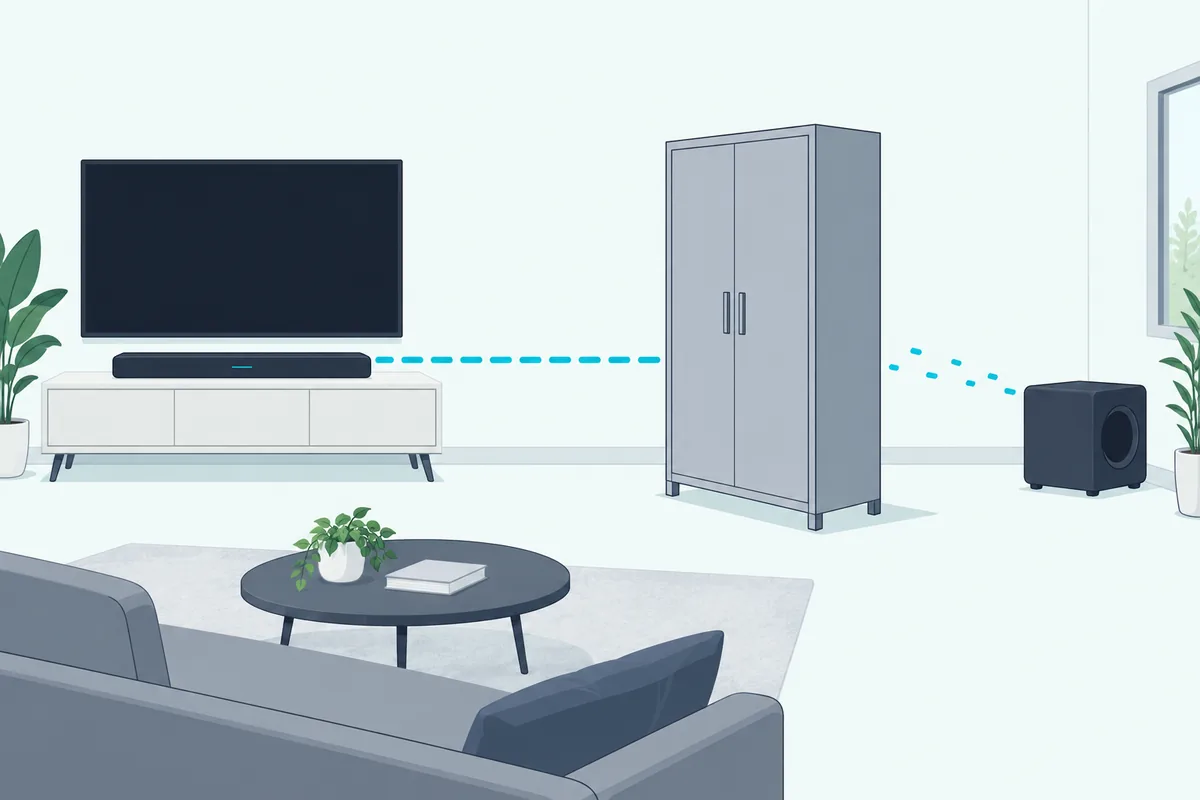 Wireless subwoofer losing its link to the soundbar across a room, with furniture in the way