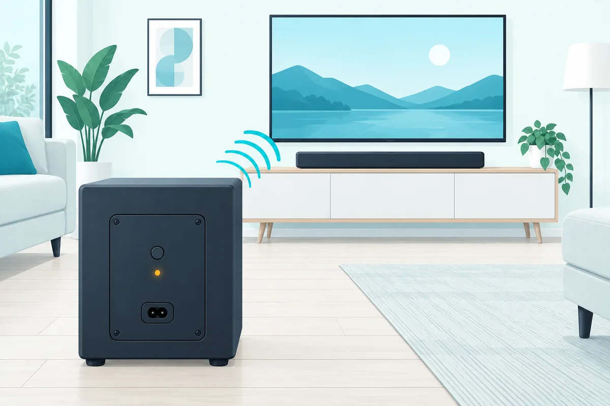 Wireless subwoofer with a solid amber light, paired to its soundbar again after a reset