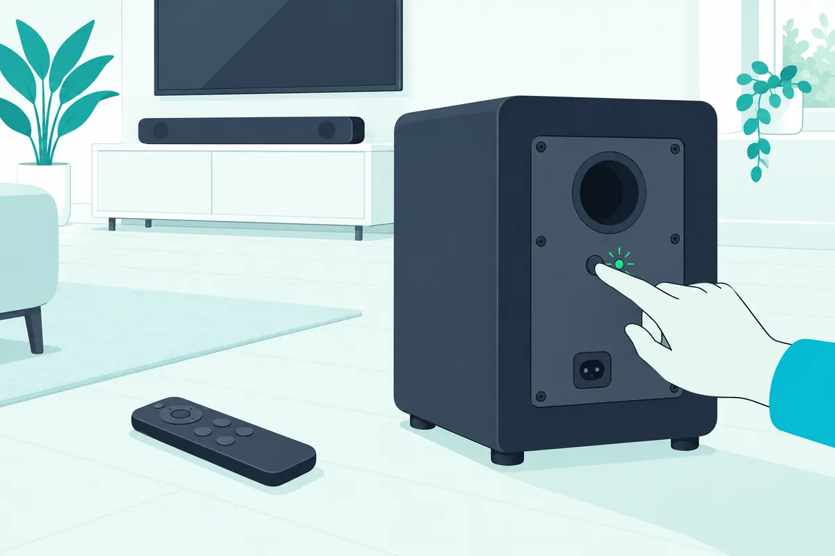 Finger pressing the pairing button on the back of a wireless subwoofer while its green light blinks