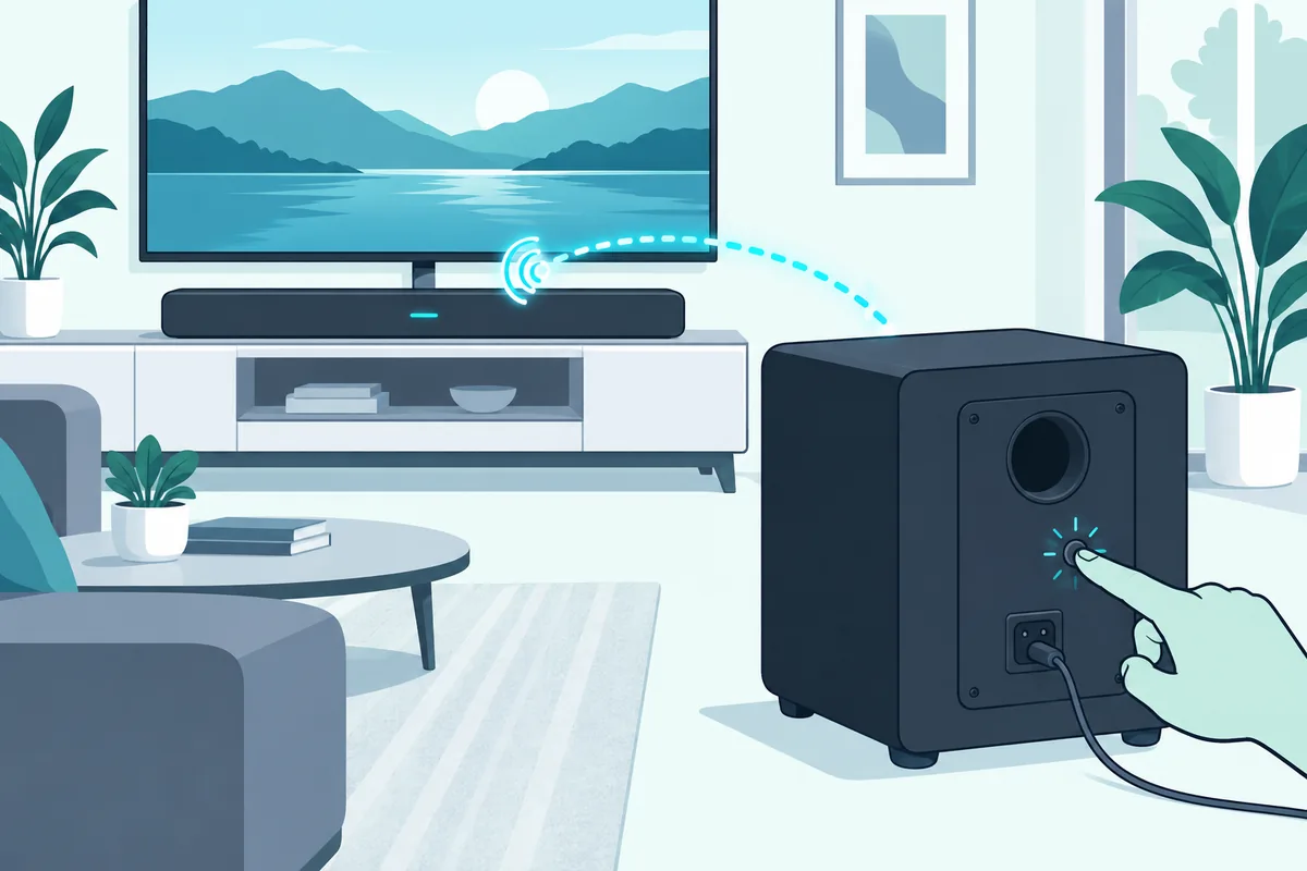 Finger pressing the pairing button on the back of a wireless subwoofer to reconnect it to the soundbar