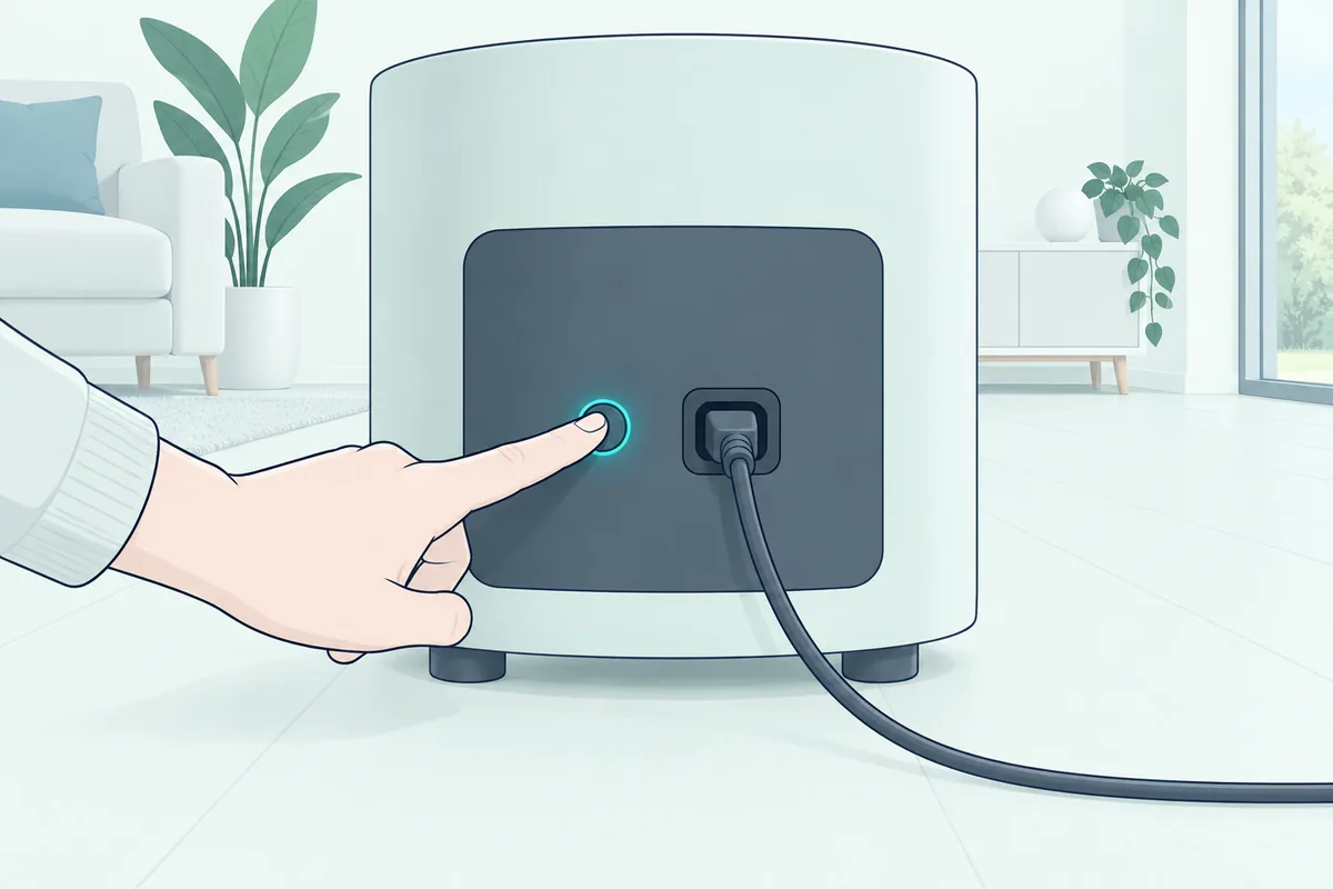Finger pressing the small LINK button on the back of a wireless subwoofer to start pairing