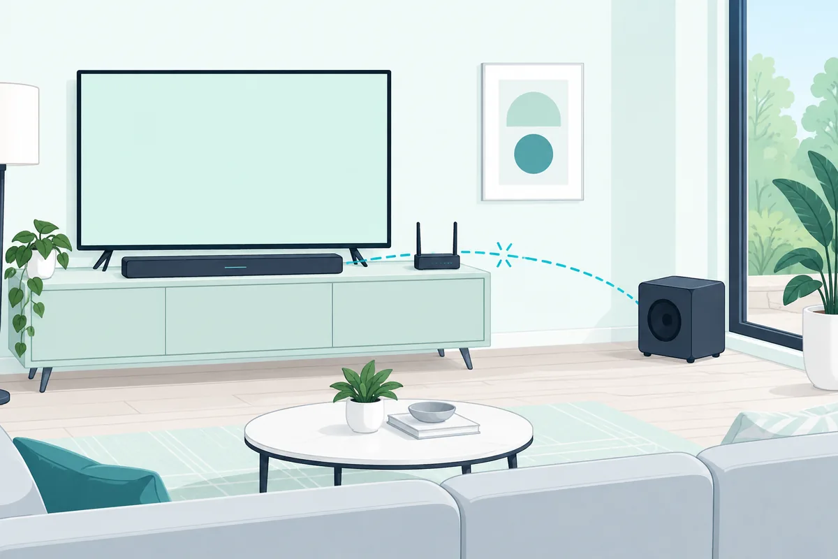 Wireless router beside a soundbar interfering with the dashed wireless link to the subwoofer