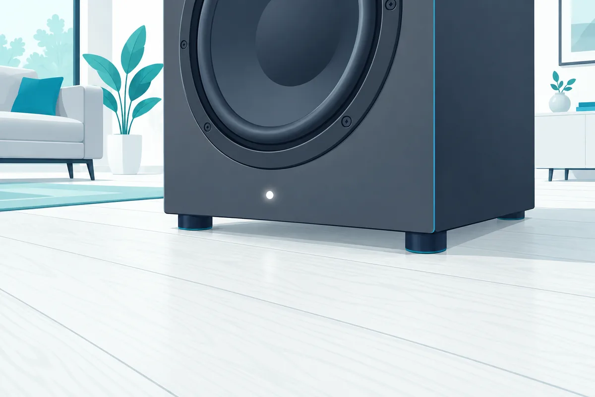 Small status light glowing white on the front of a wireless subwoofer, the sign it's linked to the soundbar