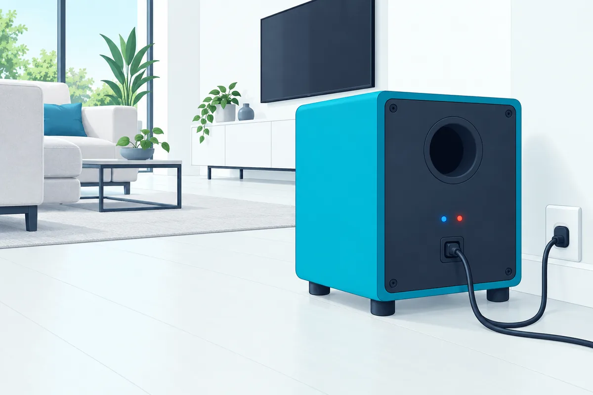 Blue and red indicator lights on the back of a wireless subwoofer, showing its connection status