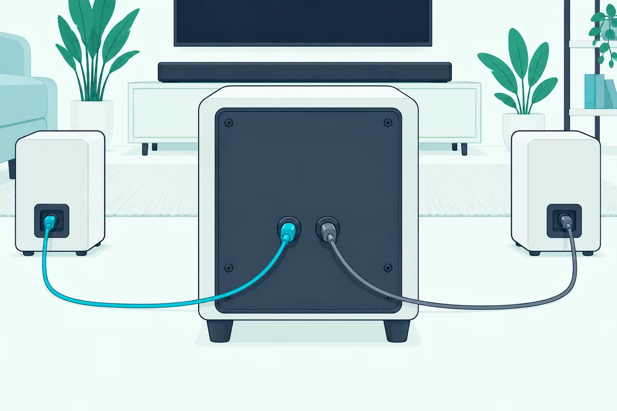 Blue and gray speaker cables plugged into the back of a subwoofer, the way Vizio wires its surround speakers