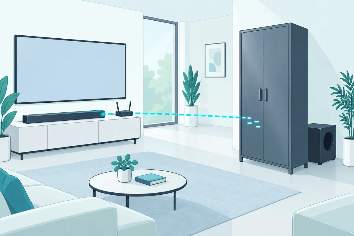 Wireless subwoofer link breaking at a metal cabinet between the soundbar and subwoofer, with a router nearby