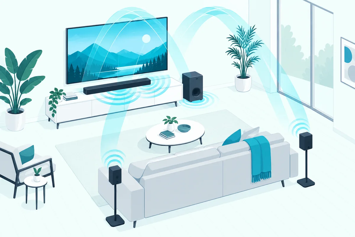 Soundbar, subwoofer and rear surround speakers with arcs overhead suggesting virtual height sound