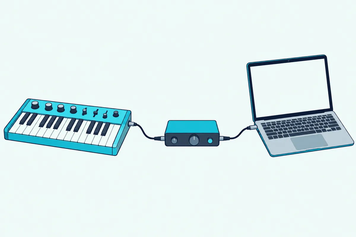 Synthesizer with a cable from its audio output to a small audio interface box connected to a laptop