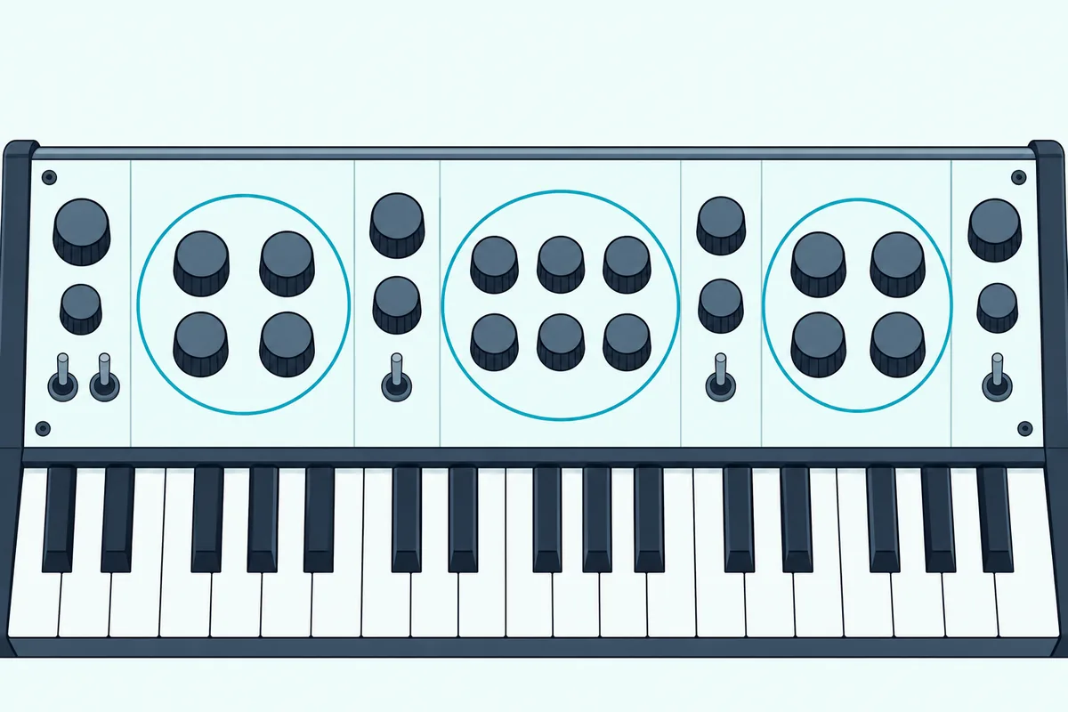 Synthesizer front panel with three groups of knobs circled in teal