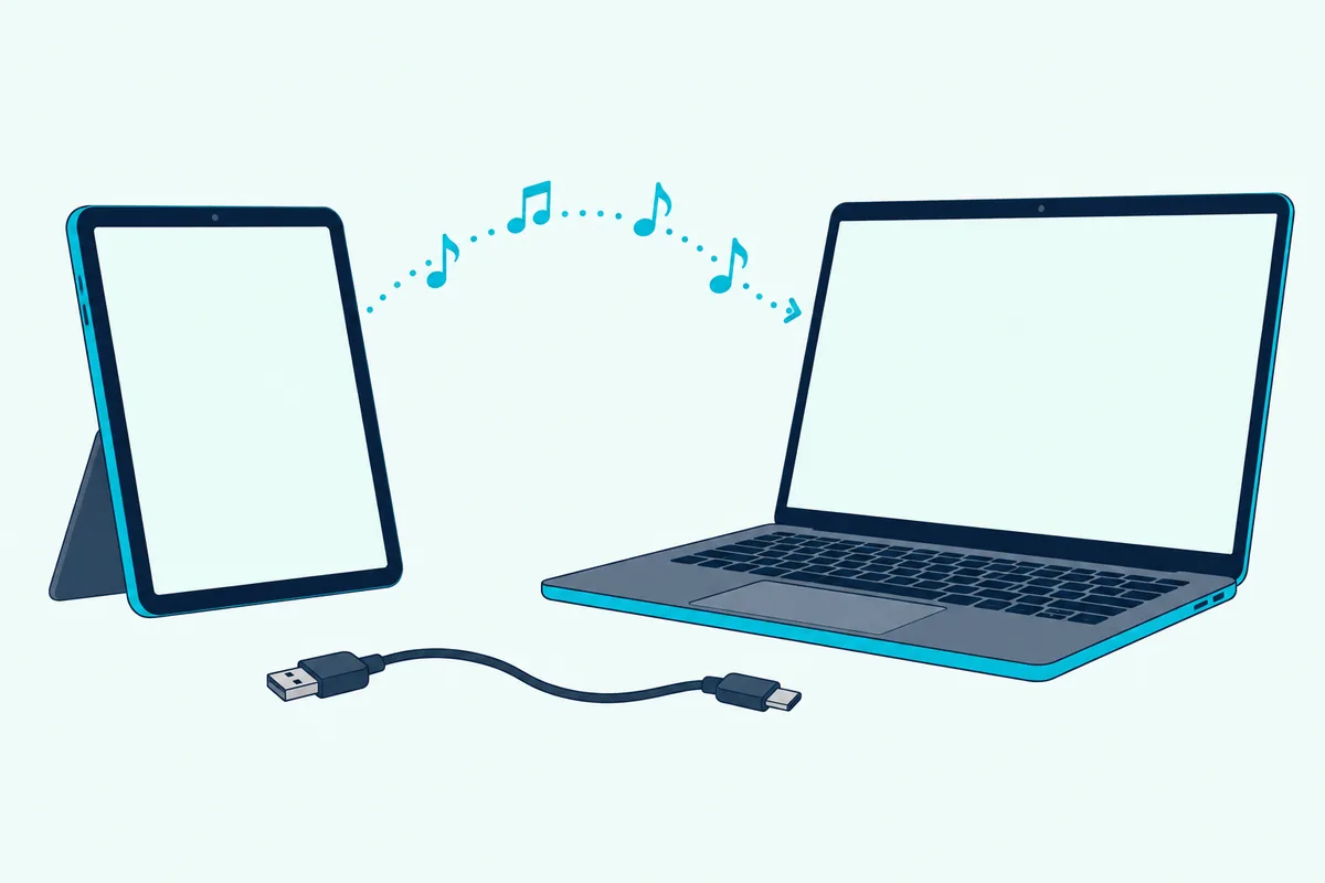 Tablet and laptop joined by a curved line of teal musical notes with a USB cable beside them