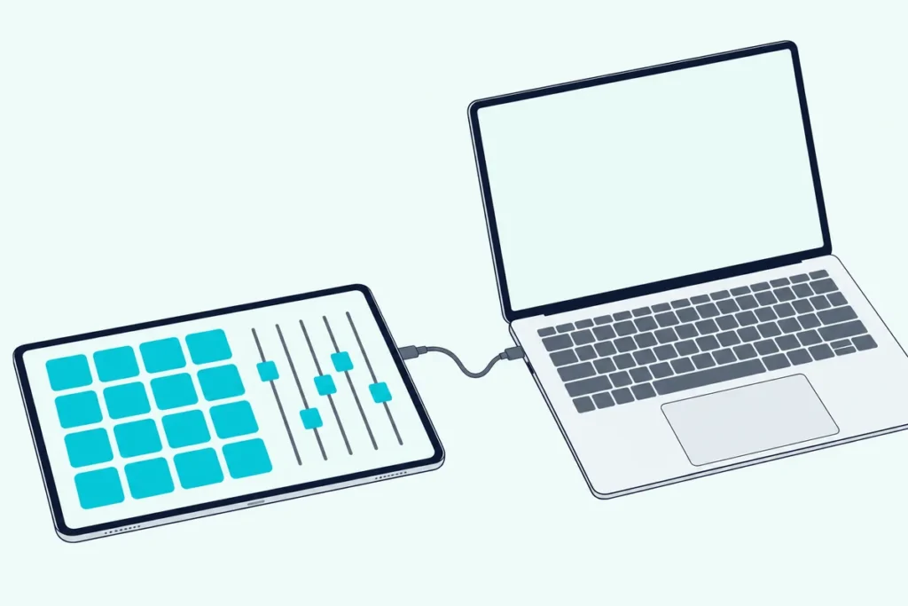 Tablet showing a grid of pads and faders beside an open laptop joined by a cable