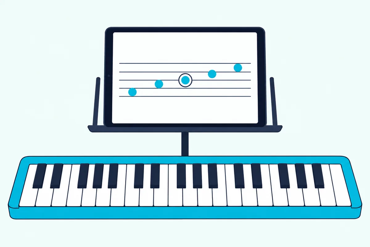 Tablet above a keyboard showing a row of notes with one note circled for correction