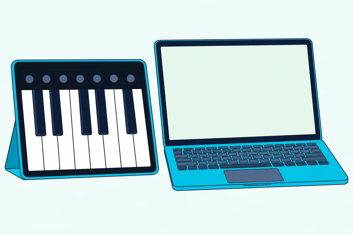 Tablet showing on-screen piano keys standing beside an open laptop