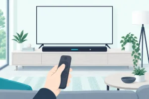 Hand pointing a remote at a soundbar in standby to open its factory reset menu