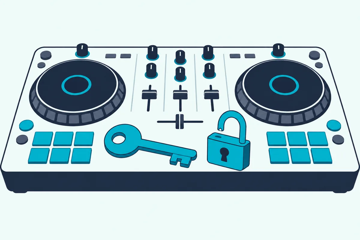 Teal key and an open padlock resting on a compact DJ controller