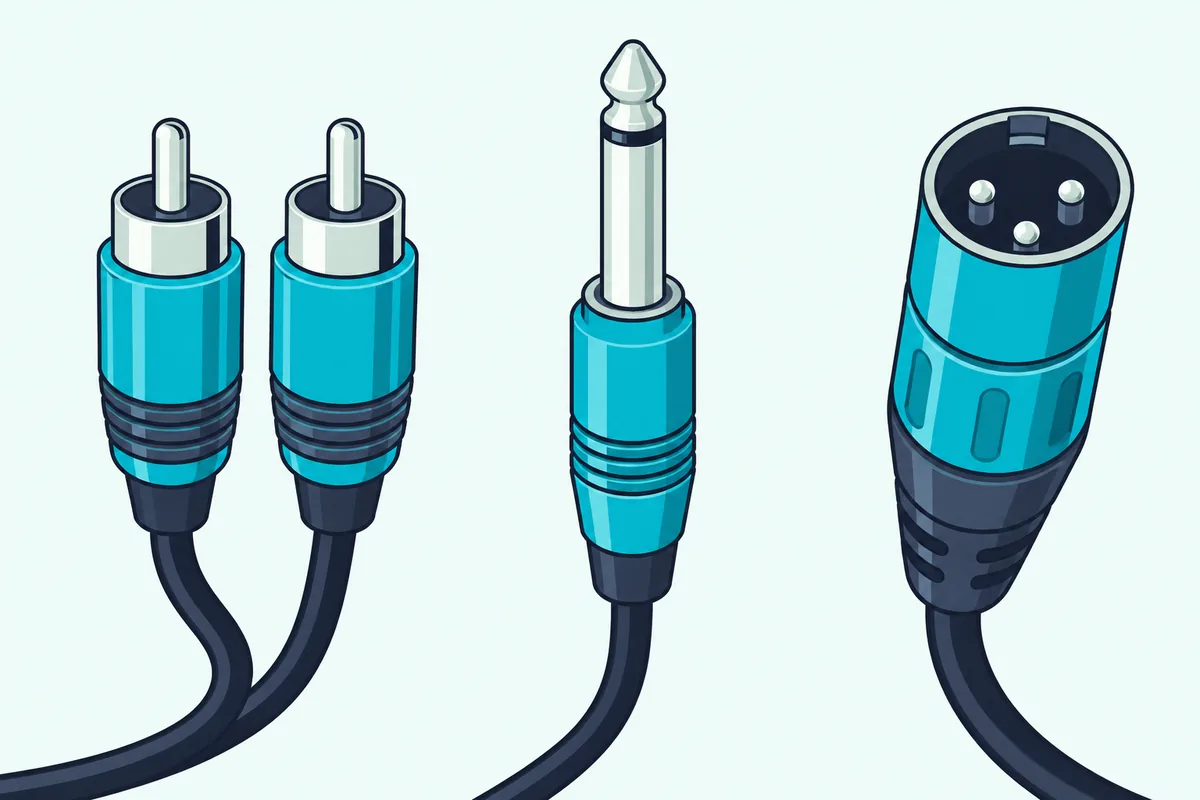 Three audio cable ends side by side: a pair of RCA plugs, a quarter-inch plug and an XLR plug