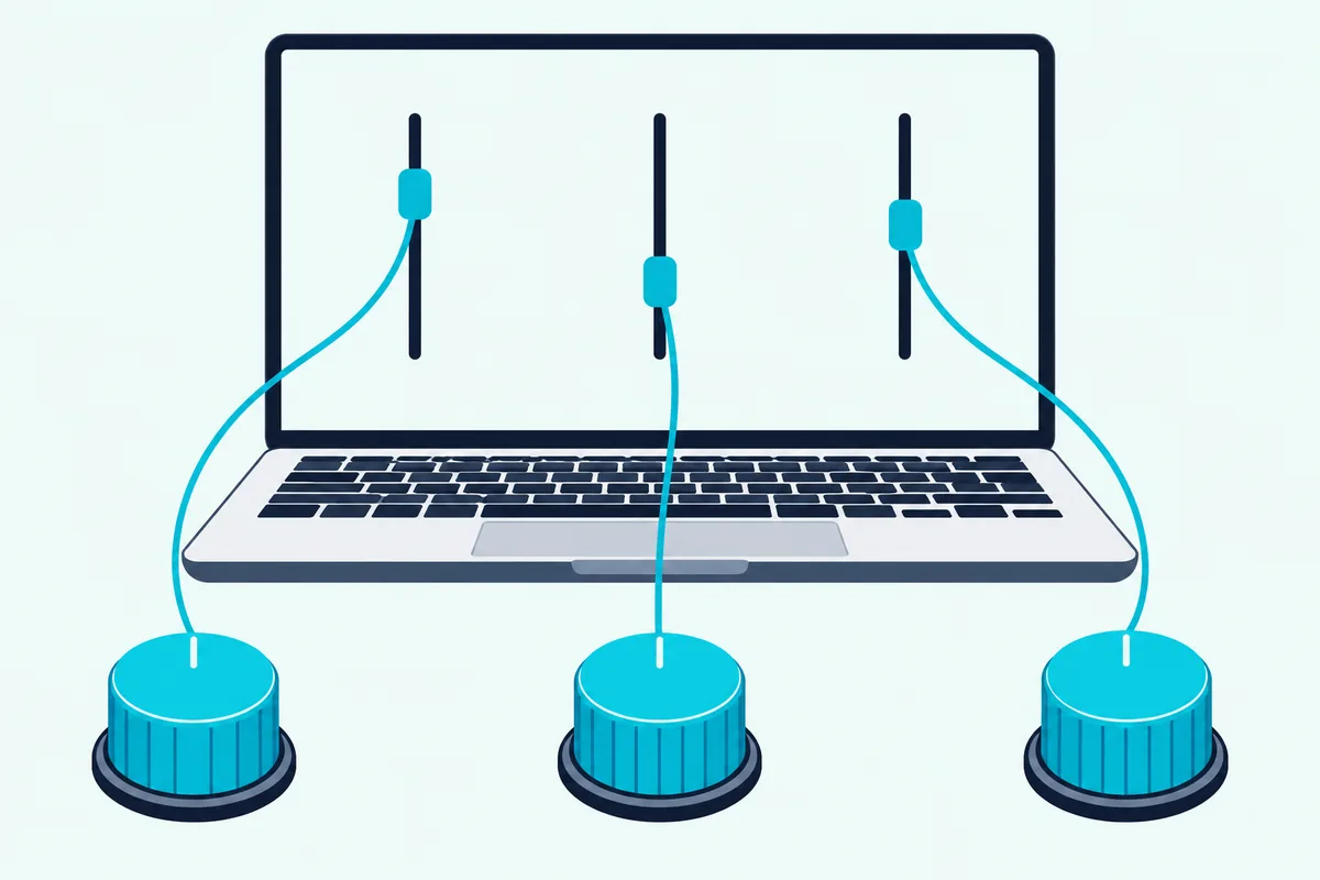 Three hardware knobs each linked by a line to one of three sliders on a laptop screen
