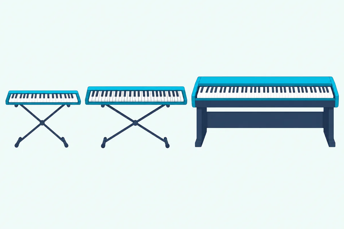 Three keyboards in a row, from a short light one to the longest and heaviest looking one