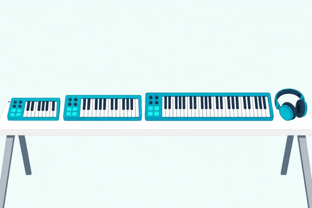 Three MIDI keyboards in three sizes lined up on a desk, from compact to full width