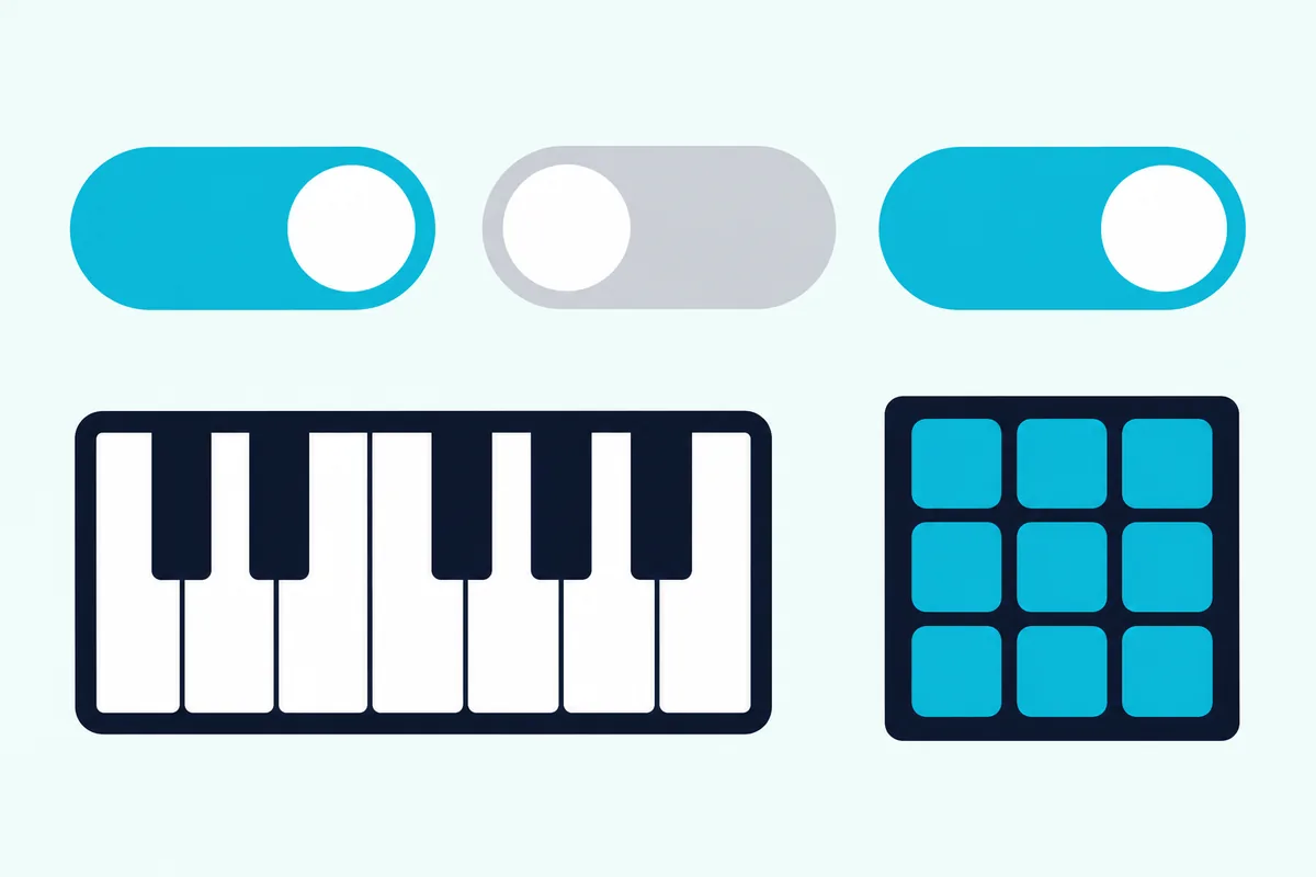 Three toggle switches with the first and third on, above a keyboard icon and a pad grid icon