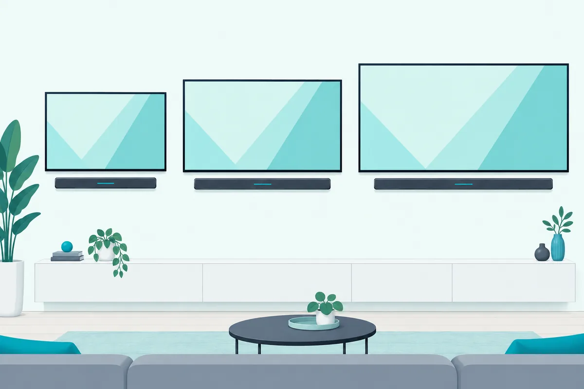 Three TVs of increasing size, each with a soundbar scaled to just under its width