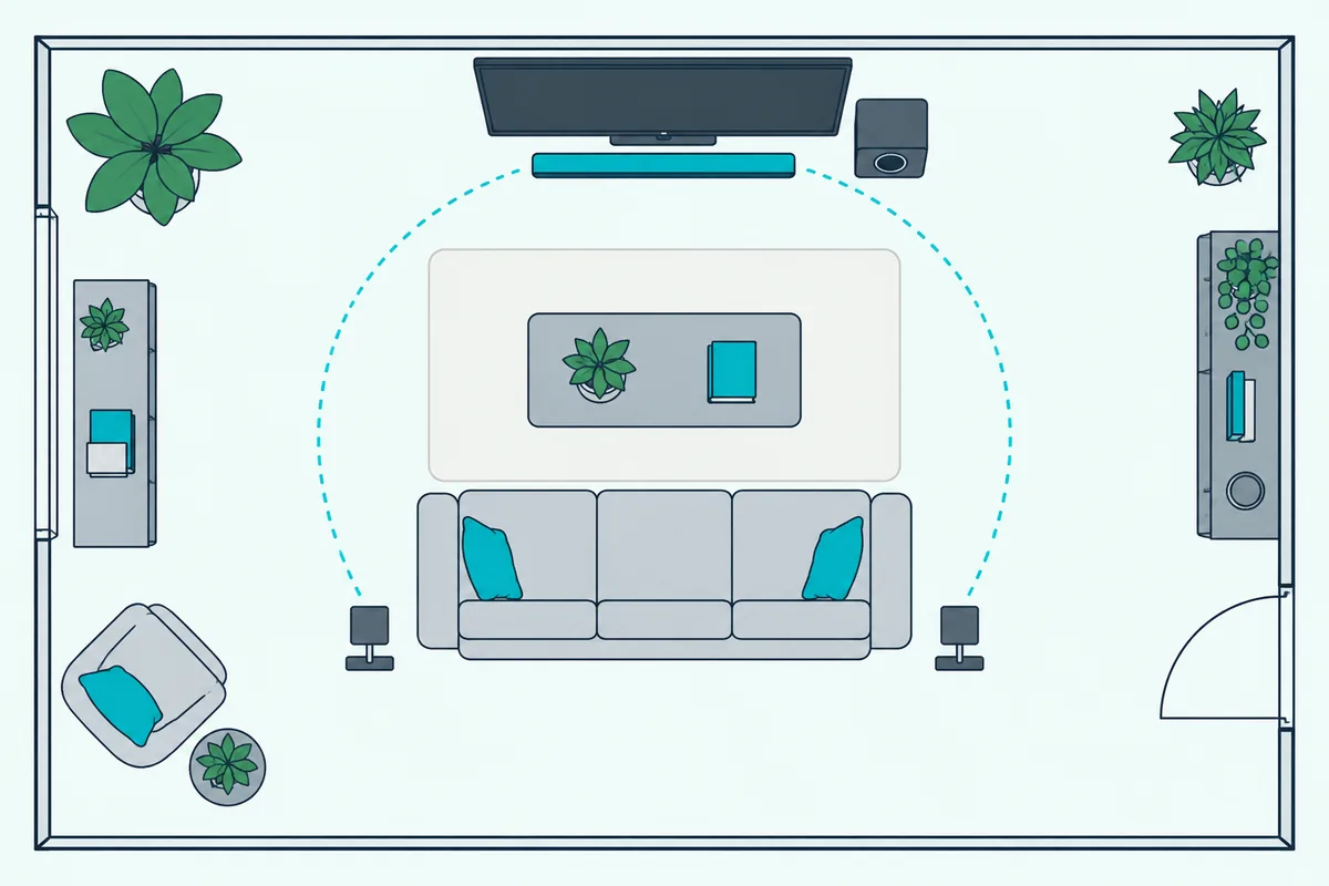 Top-down room layout with a soundbar at the TV wall, a sofa and two rear speakers behind it