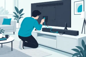 Person checking the cables behind a soundbar and TV, the first step when you troubleshoot a Samsung soundbar