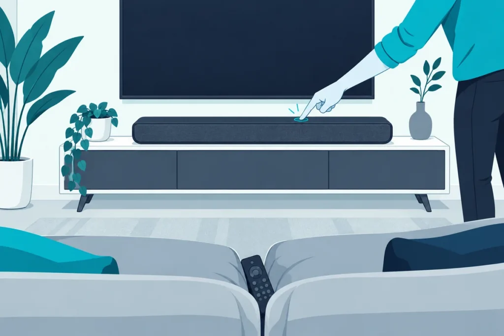 Hand pressing the button on top of a soundbar with the remote out of reach, to turn on a Bose soundbar without remote