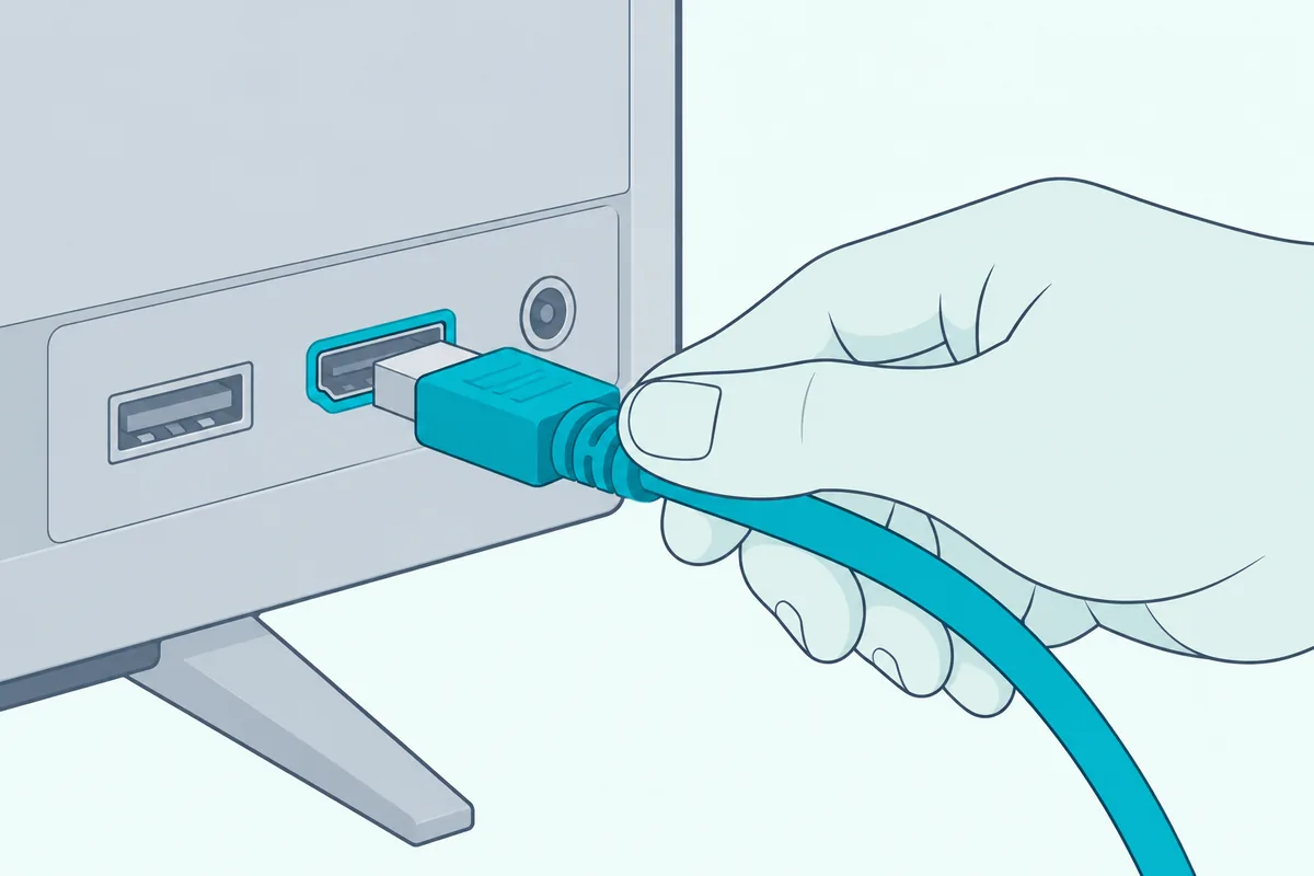 Hand pushing an HDMI cable into the highlighted port on the side of a flat TV