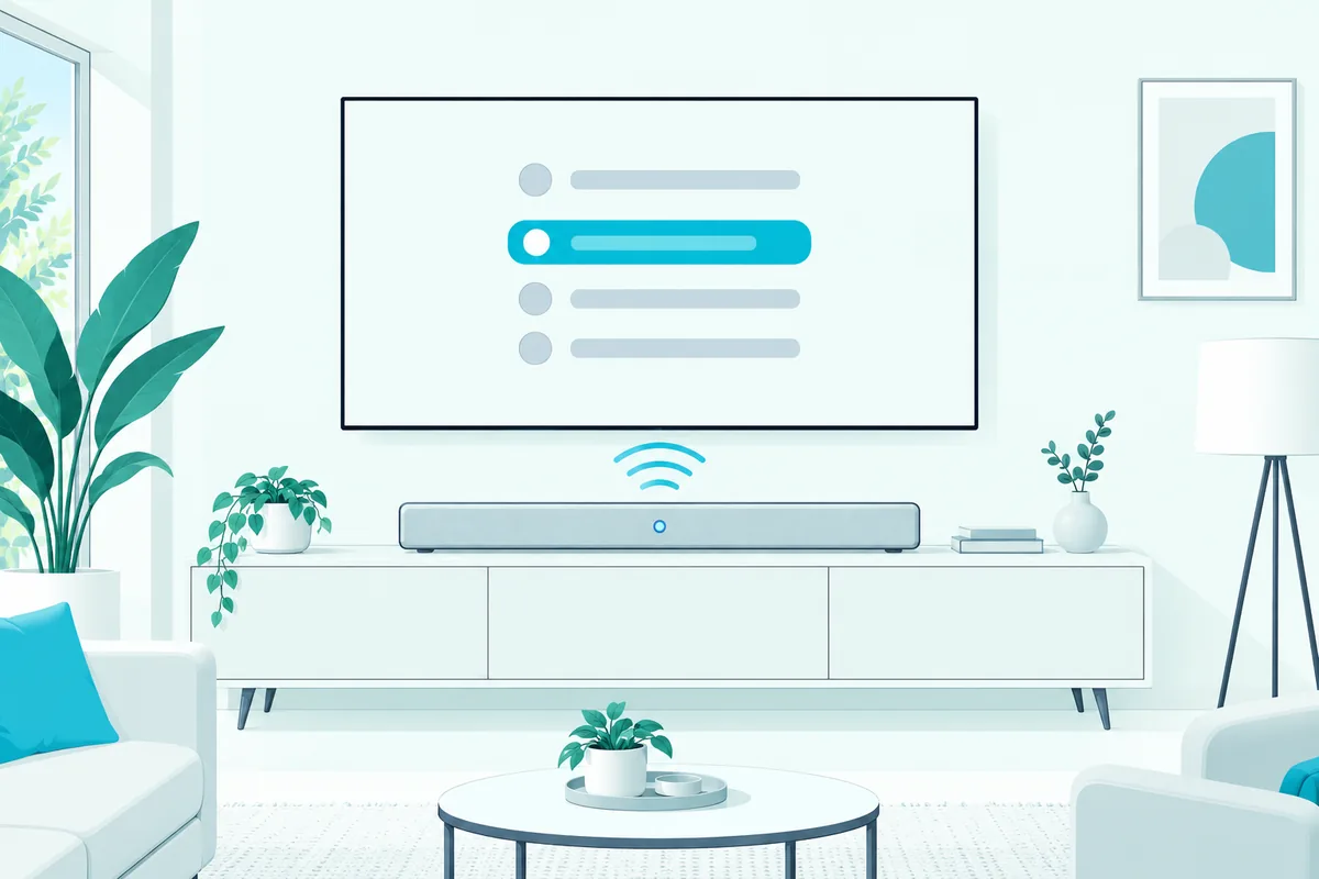TV screen showing a highlighted device in a settings list while a soundbar below it pairs over Bluetooth