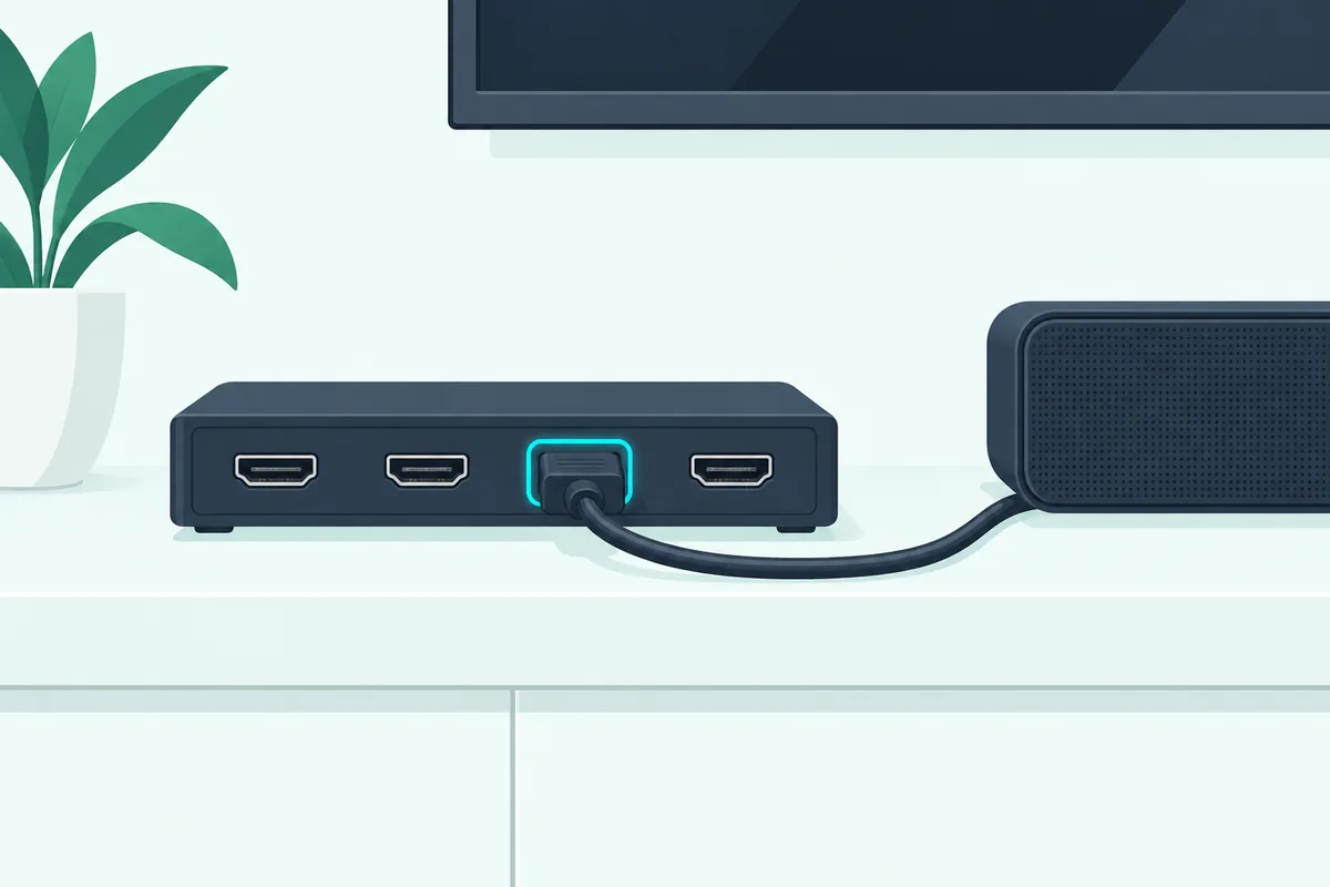 HDMI cable plugged into the third port of a TV connection box, where Samsung usually puts the ARC port