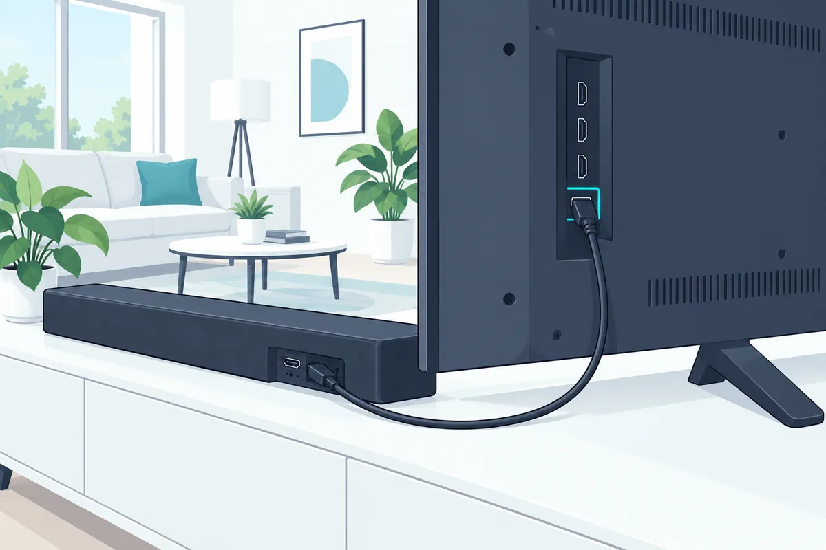 HDMI cable from the glowing eARC jack on the back of a TV down to a soundbar on the console below
