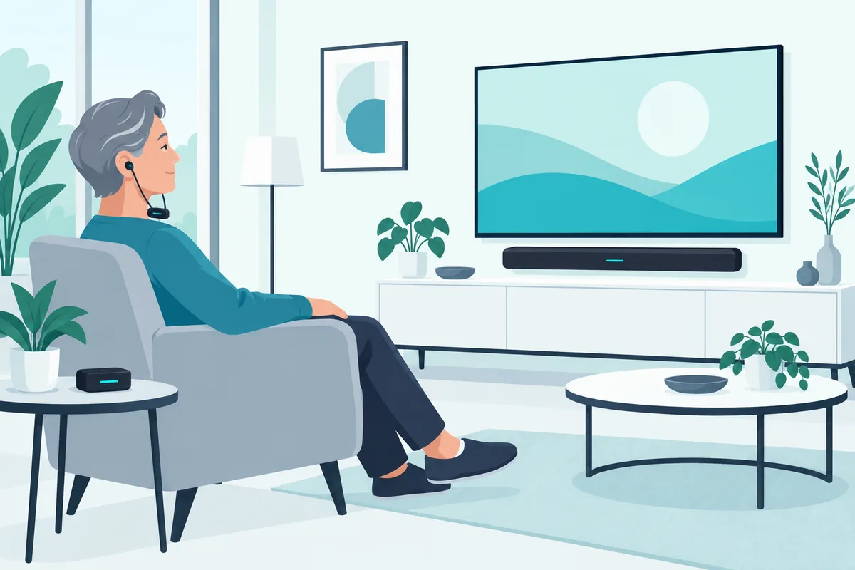 Person in an armchair wearing a TV listener headset, with a soundbar and TV in the background