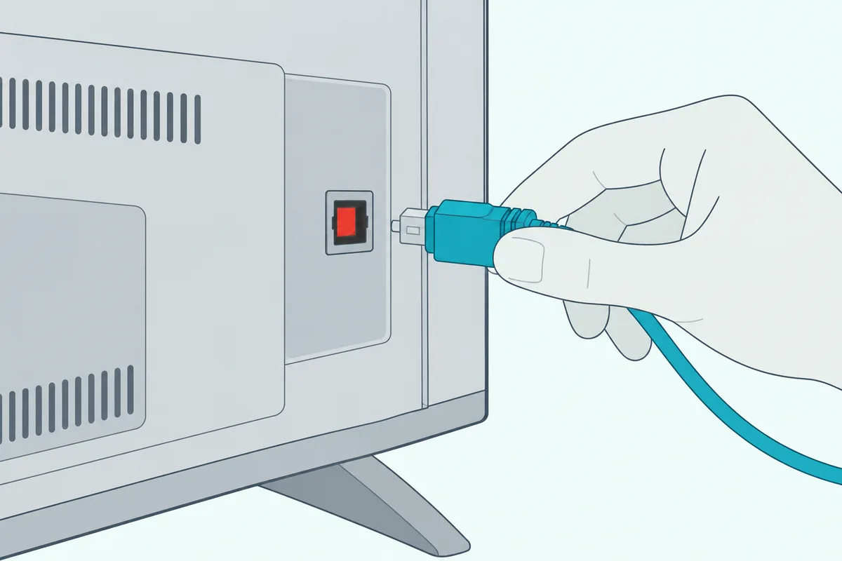 Hand about to push an optical cable plug into the red-glowing optical port on the back of a TV