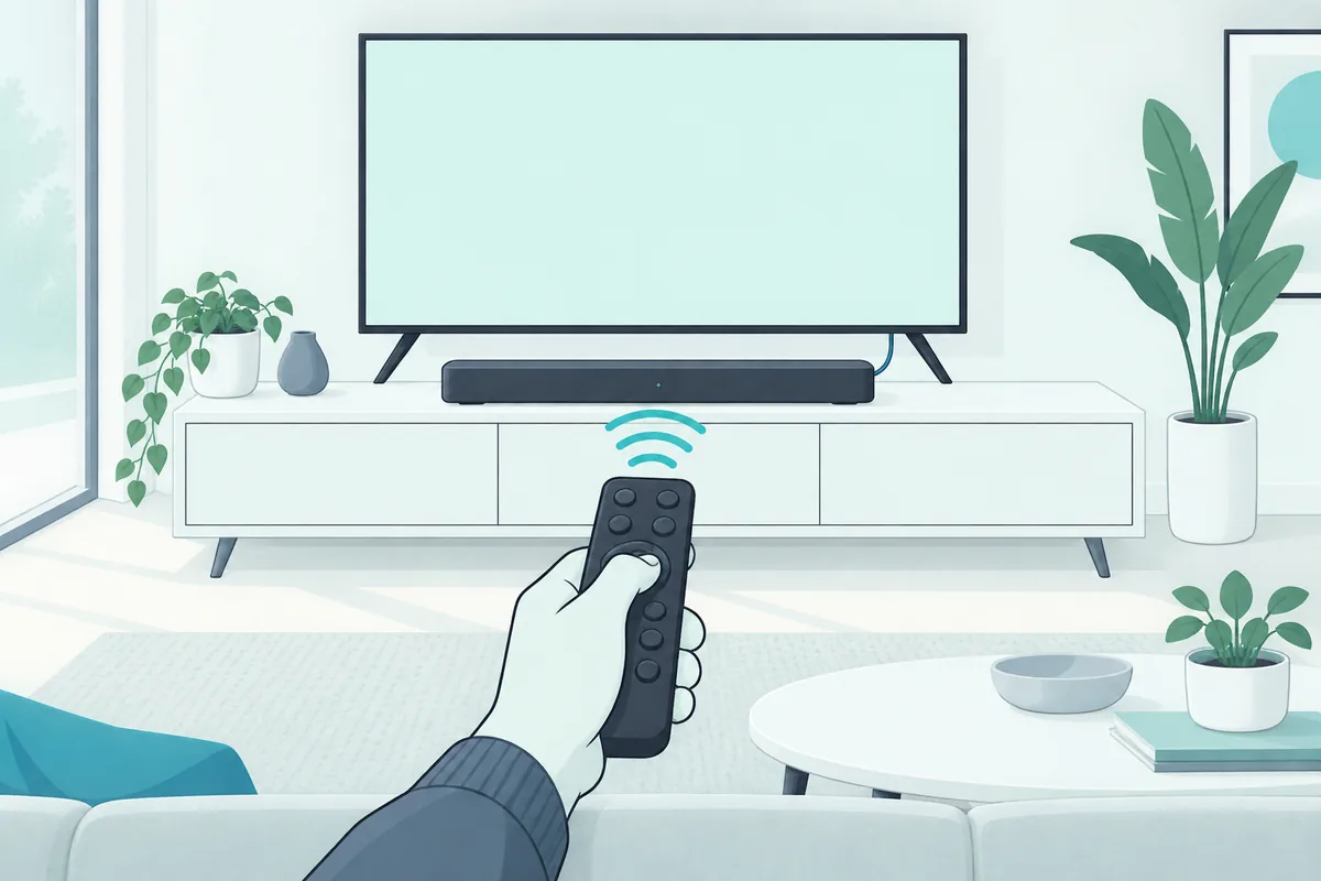 TV remote pointed at a soundbar connected by optical, using the bar's TV-remote setting