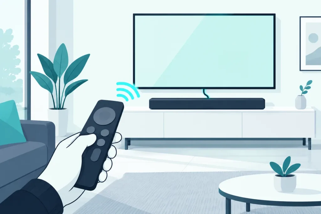Hand pointing a streaming remote at a TV with a soundbar below, the setup where a Roku remote controls the soundbar