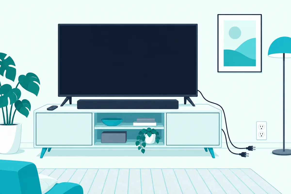 TV and soundbar power cords unplugged beside a wall outlet for a power reset when the soundbar stays silent