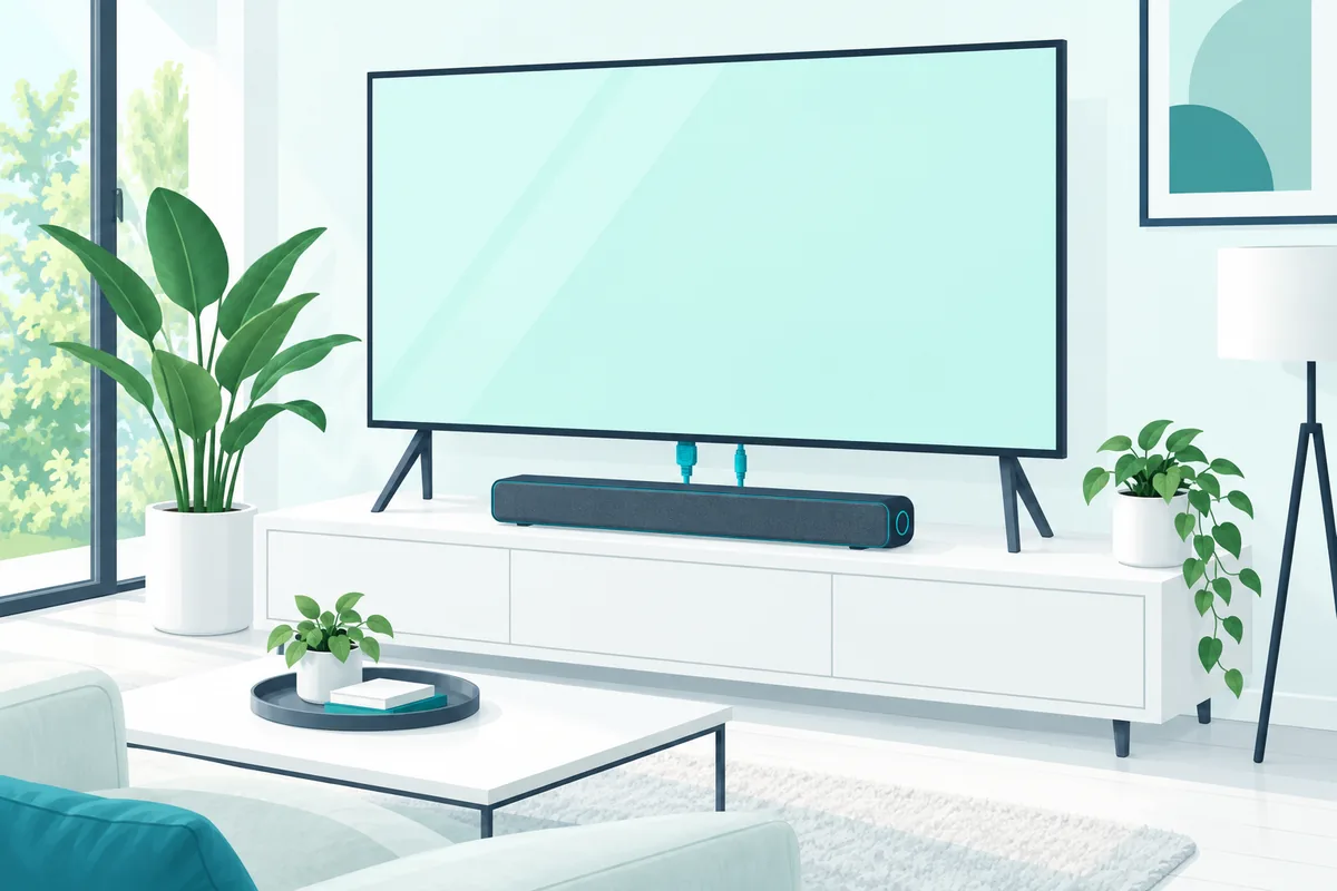 Compact TV speaker bar under a TV with an HDMI cable and an optical cable as the two ways to connect