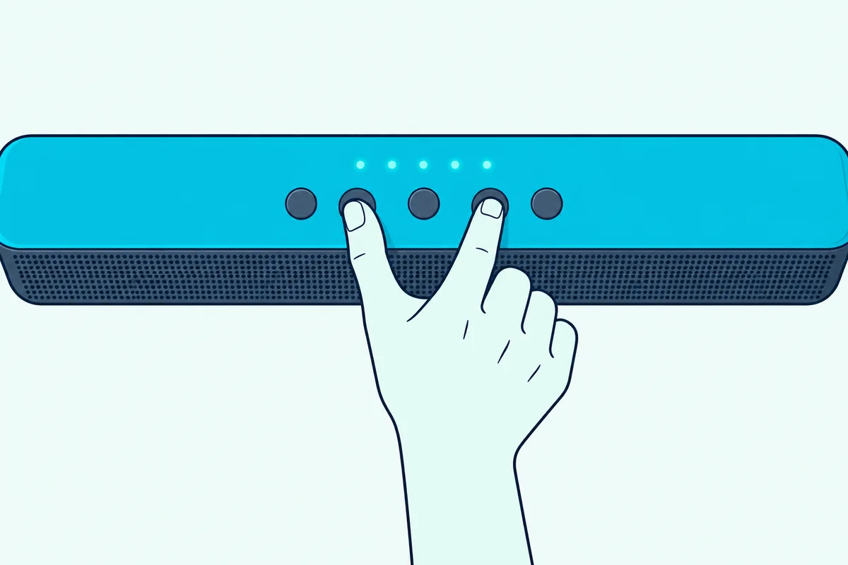 Thumb and finger pressing two buttons together on top of a slim soundbar while its status lights glow