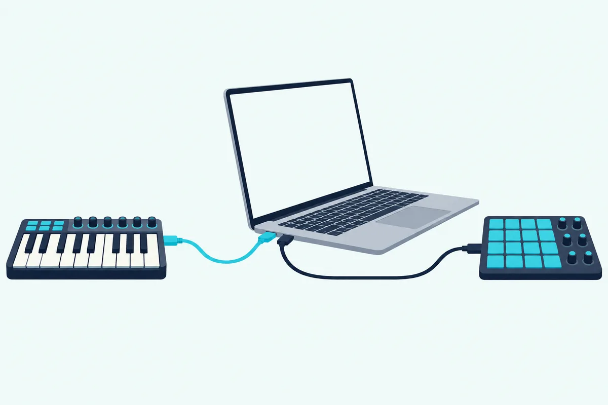 Open laptop with a teal and a navy USB cable in two separate ports running to two controllers