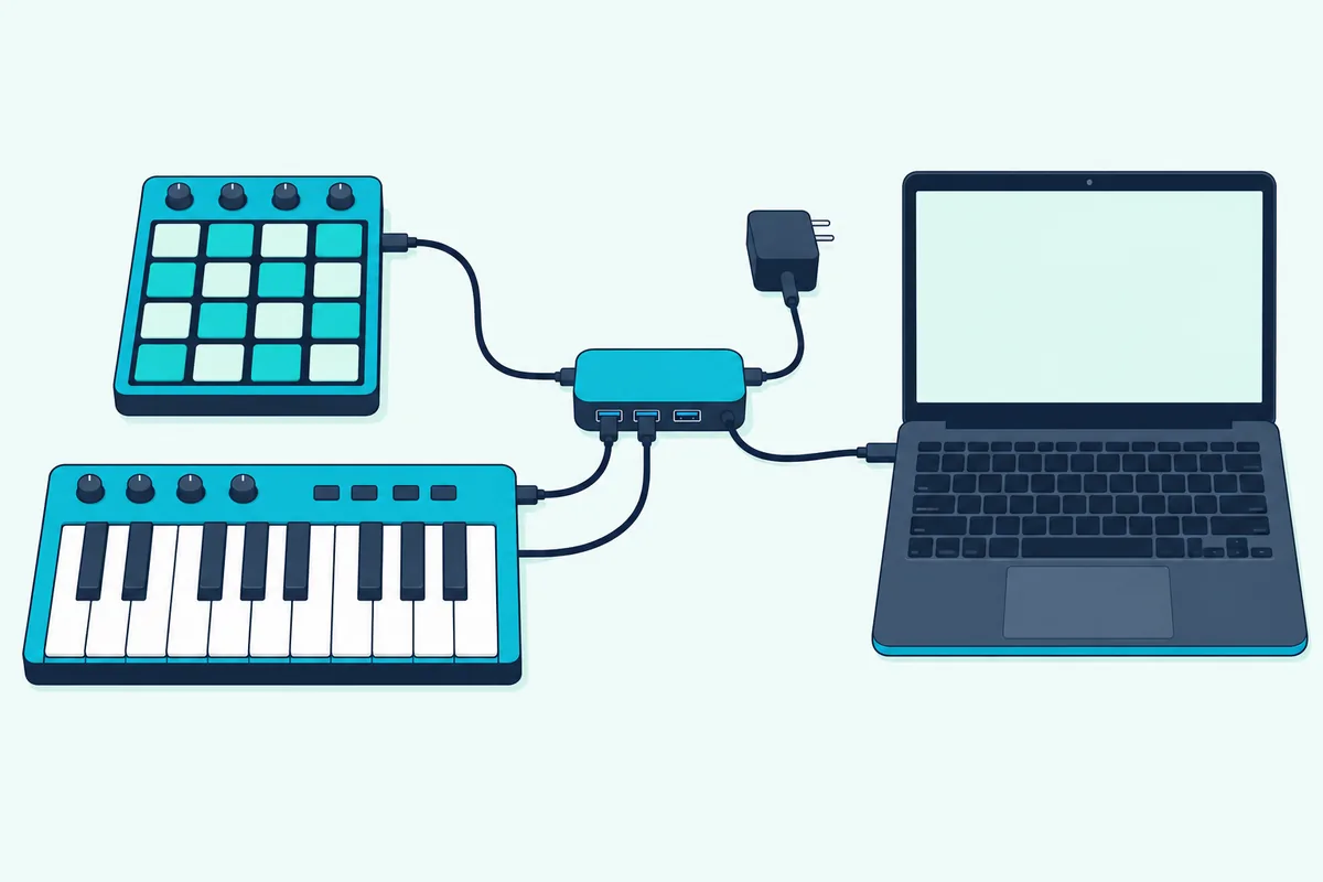 A keyboard and a pad controller plugged into a powered USB hub that connects to a laptop
