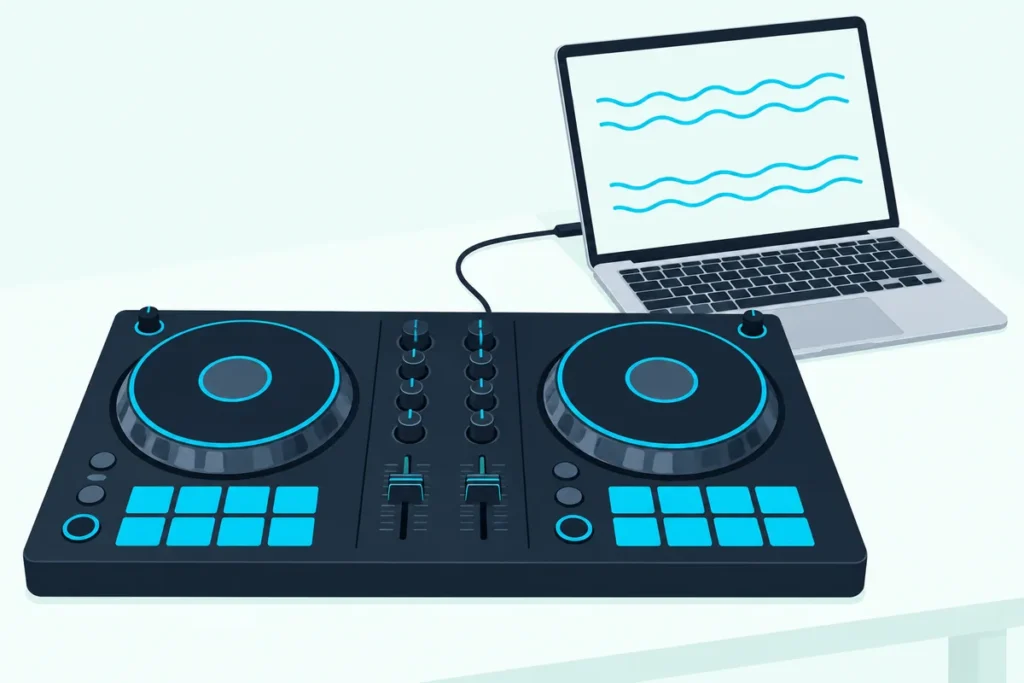 Two-deck DJ controller connected by a USB cable to a laptop showing four waveform lanes