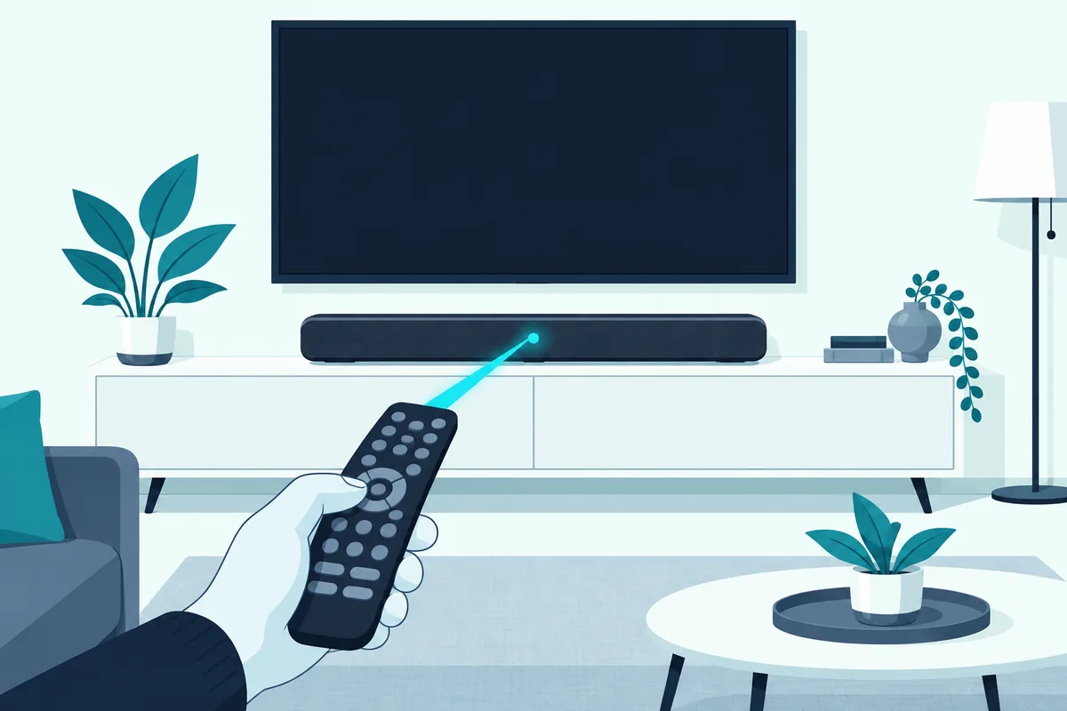 Universal remote pointed at a soundbar, a replacement when the original remote is lost