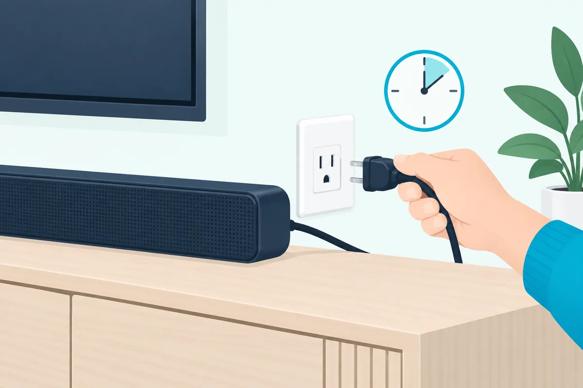 Hand unplugging a soundbar's power cord from the wall to power cycle it before a reset