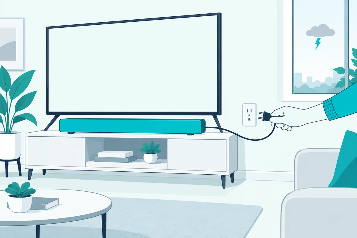 Hand unplugging a soundbar during a thunderstorm to protect it from power surges
